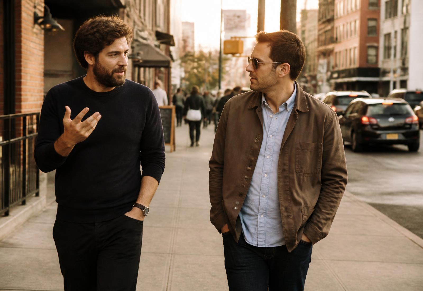 Two male friends walking and talking on a New York City sidewalk in late afternoon light